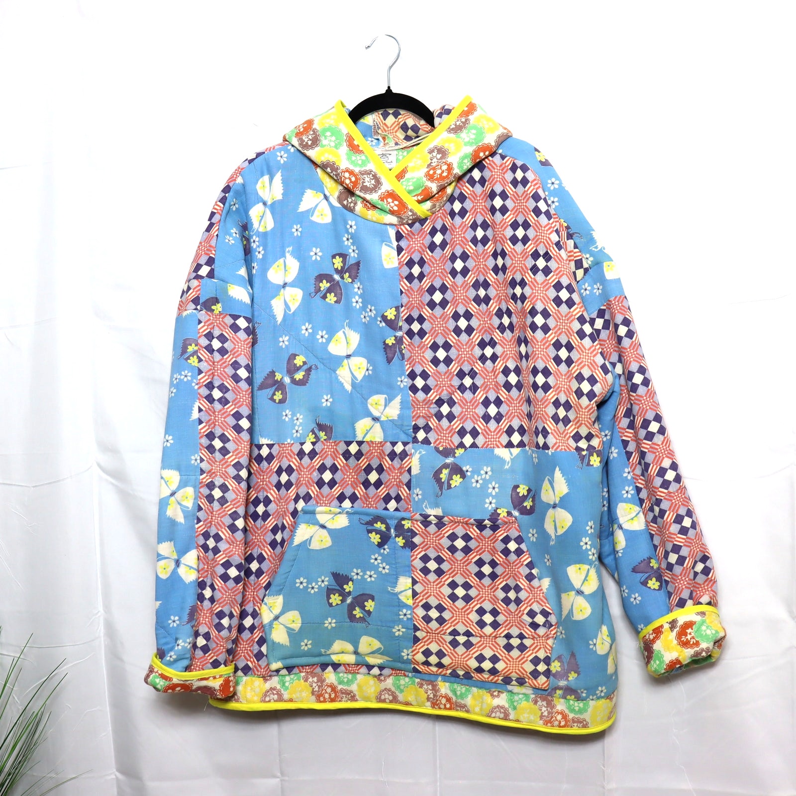 Handmade Upcycled Quilted Hoodie Jacket Vintage Patchwork Boxy Xl